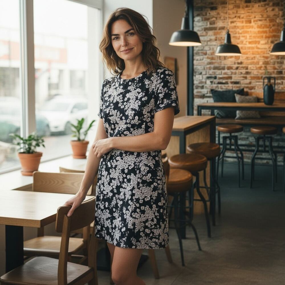 French Connection Navy Blue Gray Porcelain Print Mini Shift Dress, Size 8